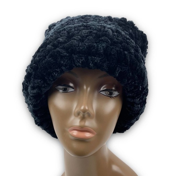 Hand made crochet black velour oversized beanie winter hat - Picture 8 of 12